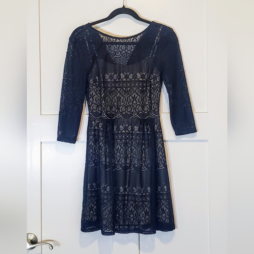 B Darlin Lace Overlay Babydoll Dress Stretchy 3/4 Sleeve Blue Size 5/6 Juniors